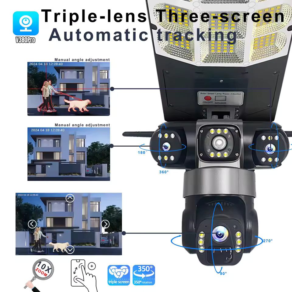 CCTV Solar Camera 4GSIM with 180W Floodlights Triple-lens With two-way talk
