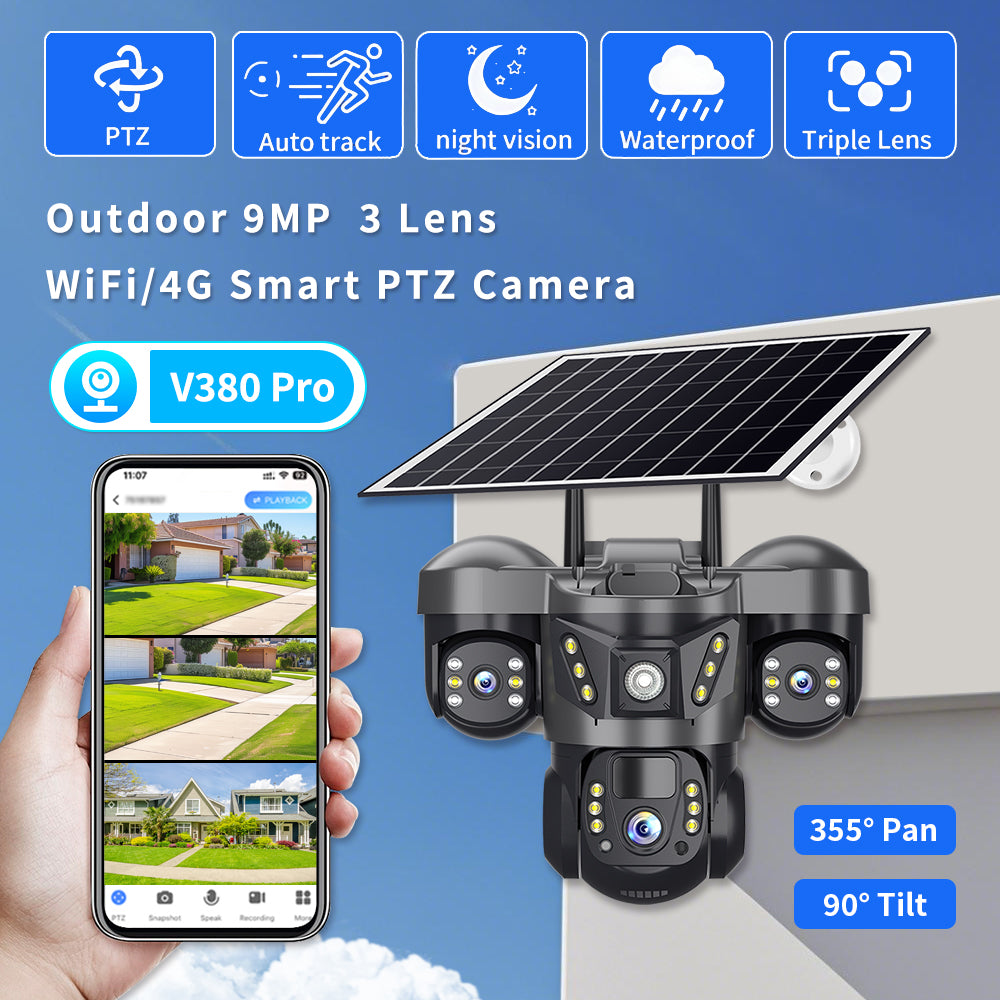 Panoramic 360 Wireless 4g Cctv Camera 3 Lens Solar Camera Monitoring Outdoor Home Security Solar 4g Camera
