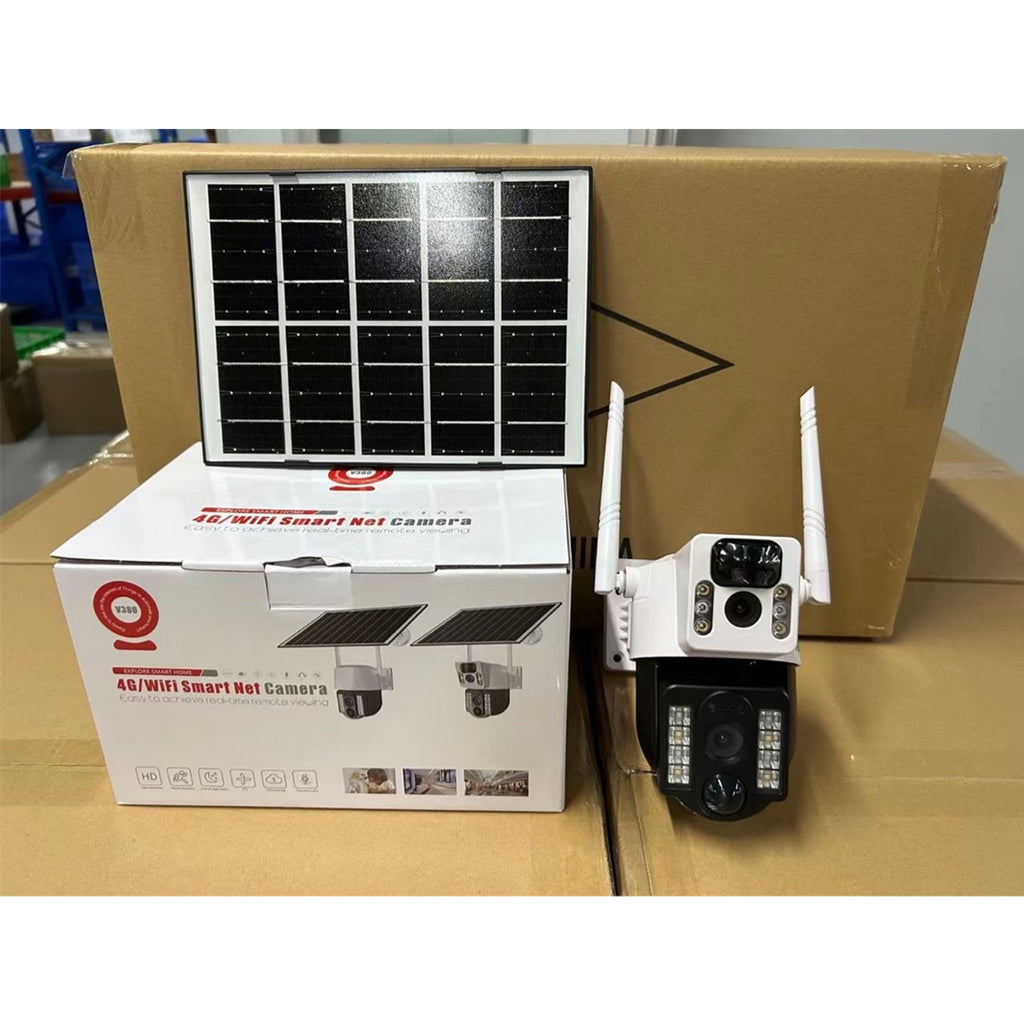 V380 Solar Powered HD IP Camera Night Vision Dual Screen Motion Detection Two-Way Audio 4G SIM Card WiFi Remote CCTV Camera