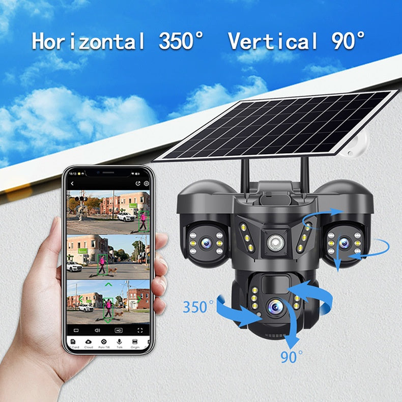 Triple Lens Solar PTZ WIFI Camera 3 Screen Pan Tilt Outdoor AI Human Detection Color Night Vision Waterproof