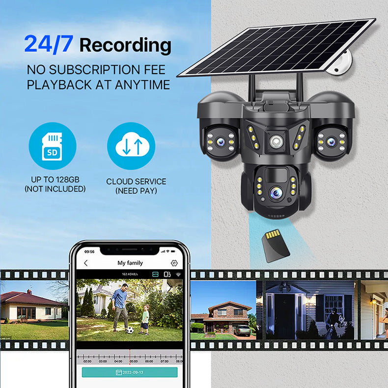 Triple Lens Solar PTZ WIFI Camera 3 Screen Pan Tilt Outdoor AI Human Detection Color Night Vision Waterproof