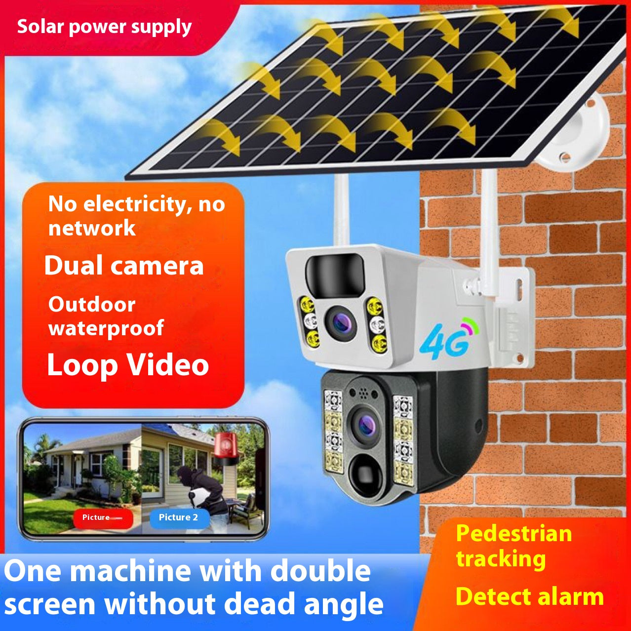 V380 Solar Powered HD IP Camera Night Vision Dual Screen Motion Detection Two-Way Audio 4G SIM Card WiFi Remote CCTV Camera