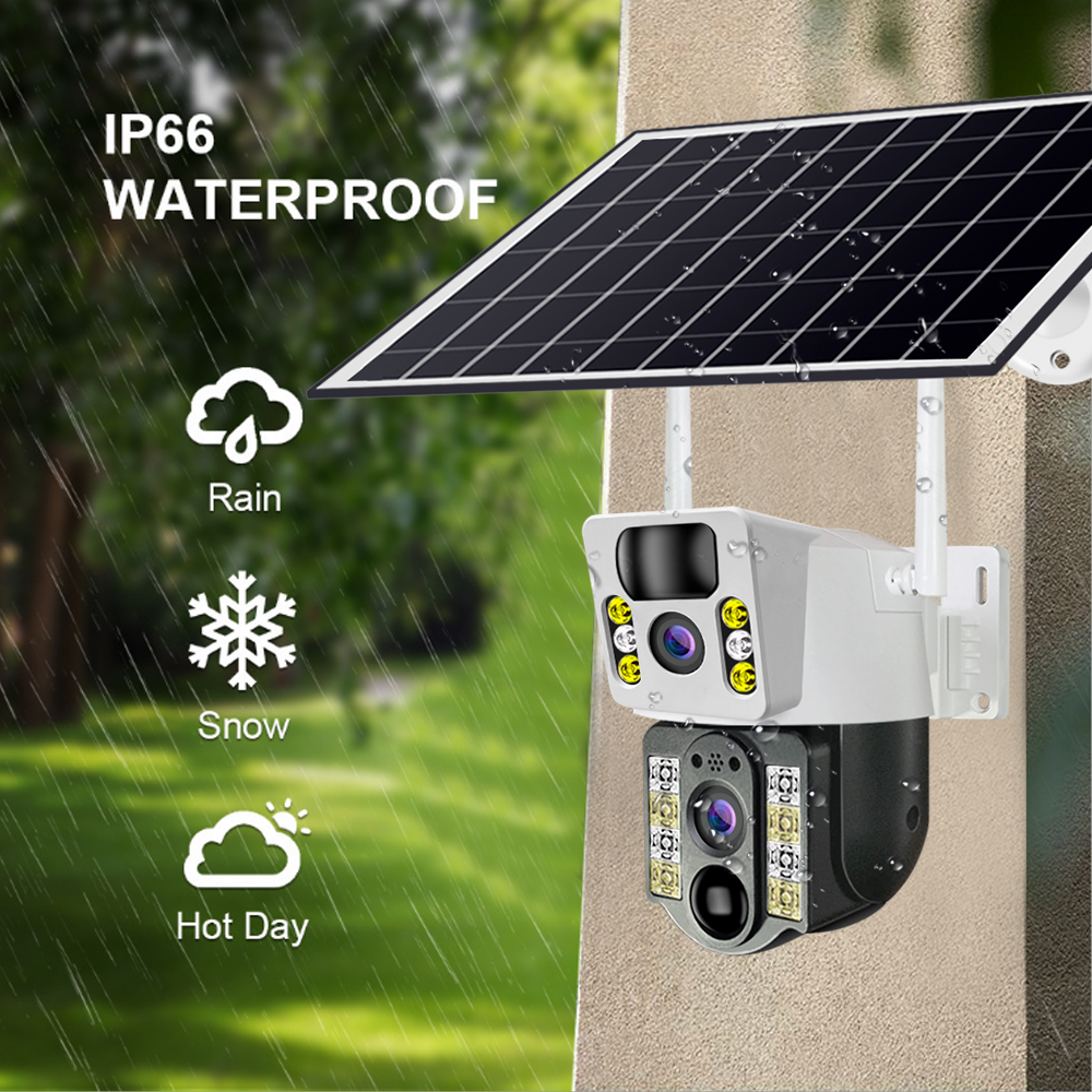White and black solar-powered security camera with an attached solar panel, shown mounted on a beige wall with a blurred outdoor background and text highlighting IP66 waterproofing for rain, snow, and hot days.