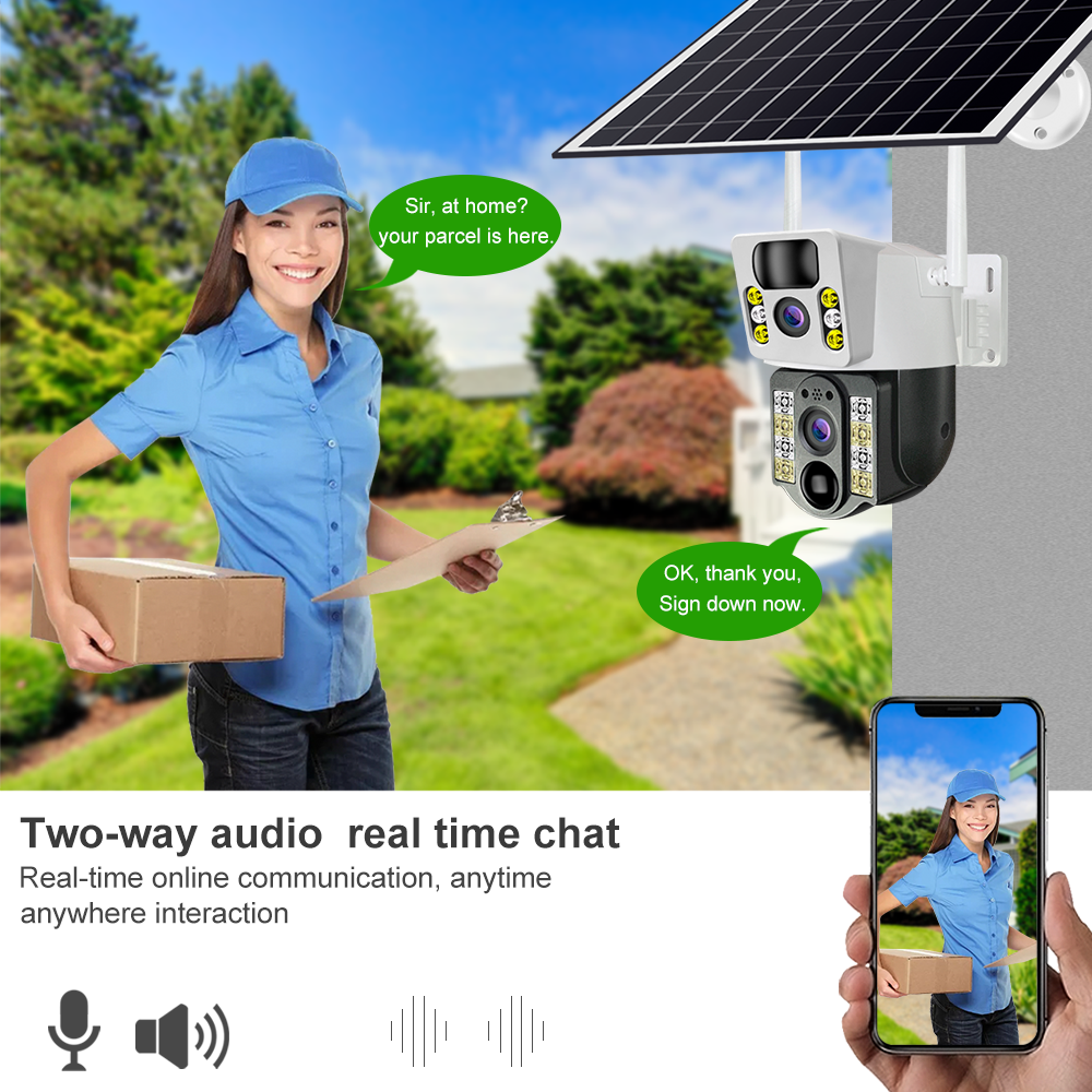 Solar-powered outdoor security camera with a white and black body, mounted on a wall under a solar panel. The image includes a delivery woman holding a package, text bubbles indicating real-time notification, and a smartphone showing the live video feed.