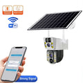 Solar-powered outdoor security camera with a mounted solar panel, dual camera lenses, and a white wall bracket, shown alongside a smartphone displaying a control app and feature icons for PIR motion detection, night vision, and Wi-Fi.