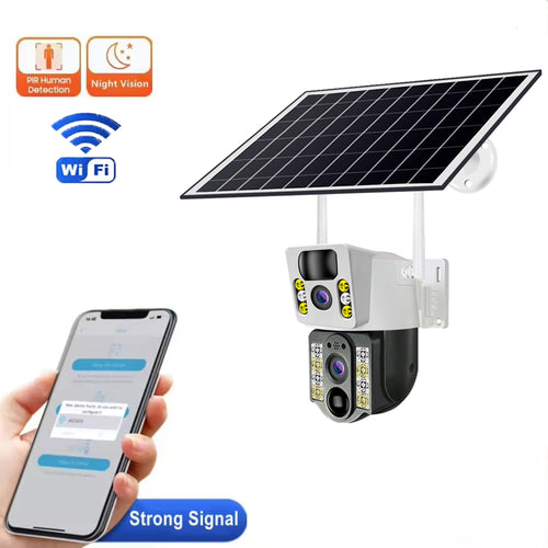 Solar-powered outdoor security camera with a mounted solar panel, dual camera lenses, and a white wall bracket, shown alongside a smartphone displaying a control app and feature icons for PIR motion detection, night vision, and Wi-Fi.