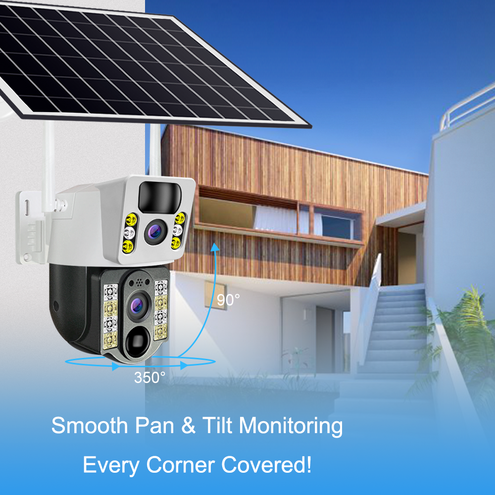 Solar-powered security camera shown with a mounting bracket and solar panel, with text highlighting smooth pan and tilt monitoring and 360-degree coverage. The background shows a modern house exterior.