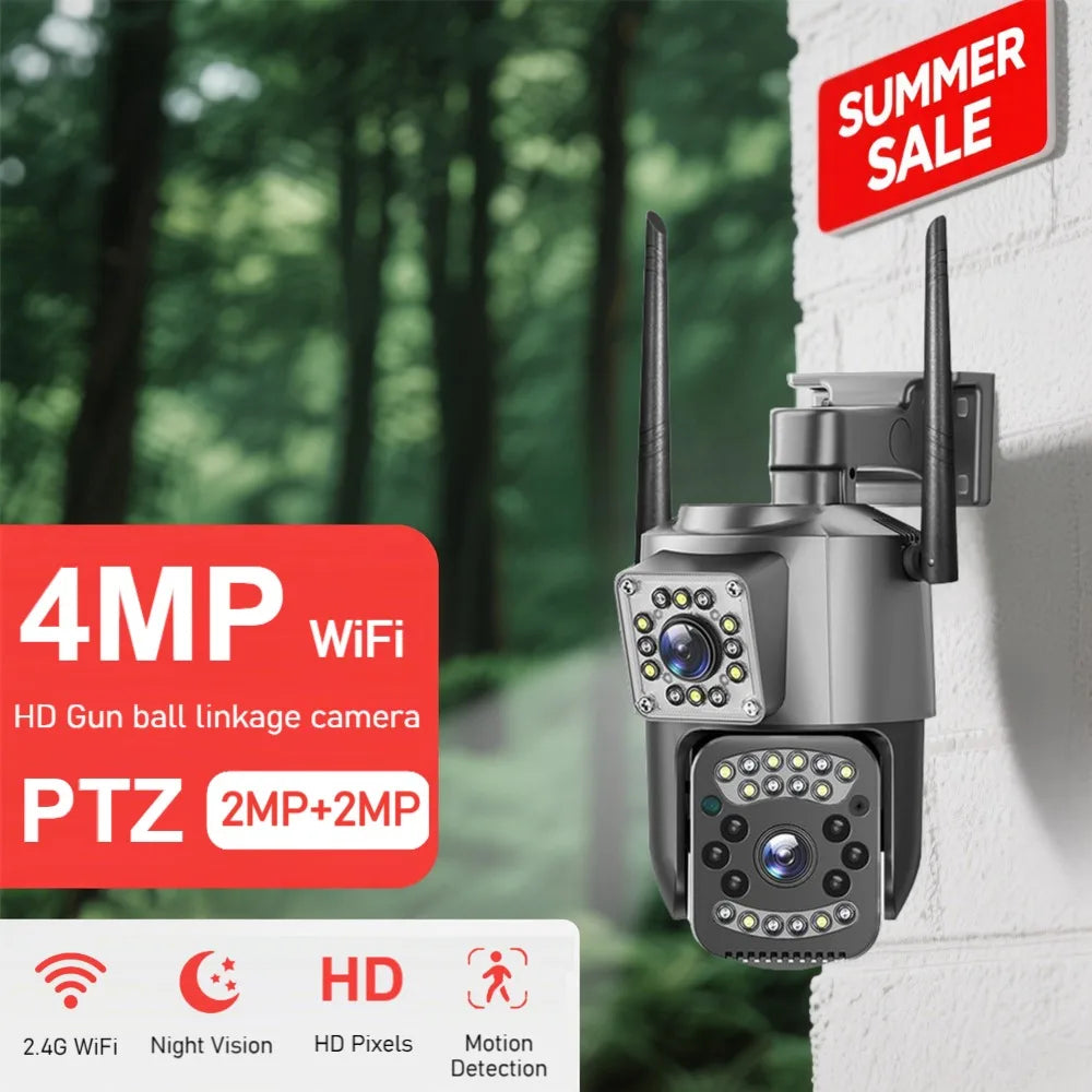 A wall-mounted outdoor security camera with two antennas, shown against a blurred green forest background and a white wall. The image includes promotional text overlays reading '4MP WiFi', 'PTZ 2MP+2MP', 'SUMMER SALE', and feature icons for 2.