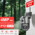 A wall-mounted outdoor security camera with two antennas, shown against a blurred green forest background and a white wall. The image includes promotional text overlays reading '4MP WiFi', 'PTZ 2MP+2MP', 'SUMMER SALE', and feature icons for 2.