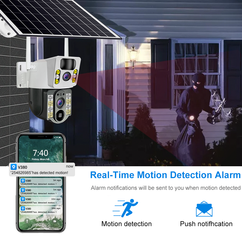 4G security camera with solar panel and motion detection alarm system on a house exterior.